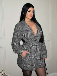 SHEIN SXY 秋季女装；女士办公室服装；千鸟格针织束带腰部夹克，秋冬