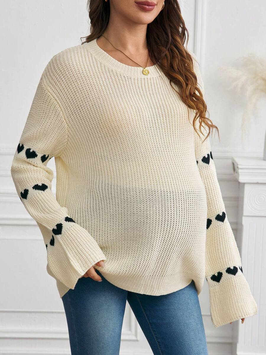 SHEIN 孕妇休闲心形图案宽松针织毛衣，秋冬 - 杏色 - 查看 1