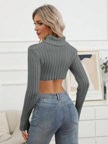 SHEIN Essnce Suéter de cuello alto, de manga larga, asimétrico y de un solo color - Gris - Ver 2