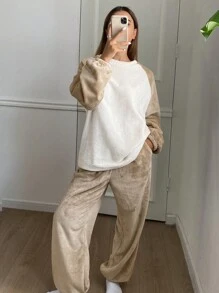 DAZY Flannel Thick Colorblock Raglan Sleeve Top & Pants Loose Fluffy Pajamas Set, Thermal Lined, Cozy Outfits Fall,Winter Clothes - Khaki - View 5