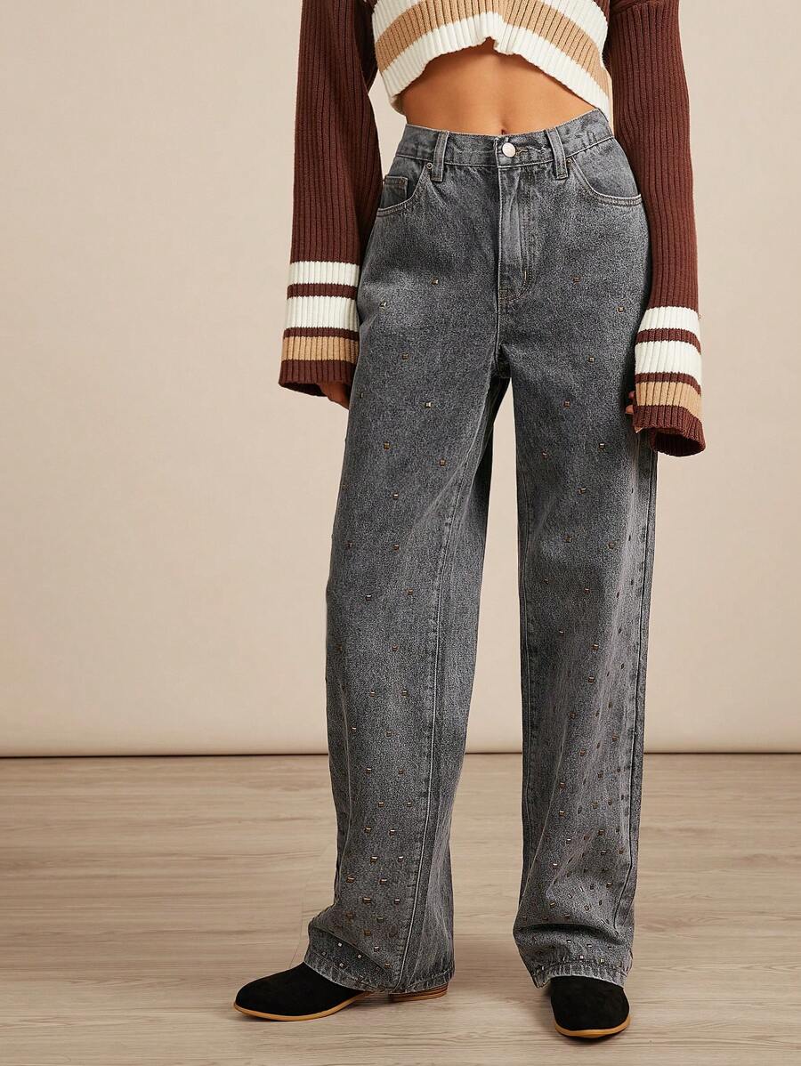 WESTFADE Premium 91% Cotton Denim Studded Western Mid Rise Straight Leg Jeans - Black - View 1