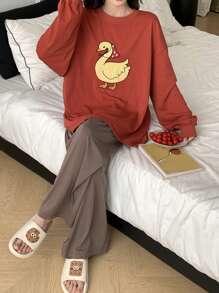 DAZY Cute Animal Pattern Embroidered Loose Lounge Set, Cozy Outfits, Fall Winter Clothes - Red - View 4