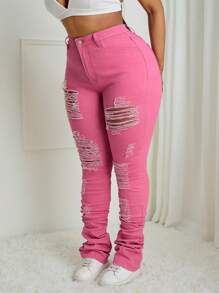 SHEIN SXY Valentine's Day Plus Size Denim Stretch Hole Leggings - Pink - View 3