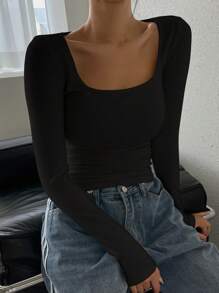 DAZY 女士保暖加厚黑色修身长袖T恤，秋冬季保暖上衣 - 黑色 - 查看 2