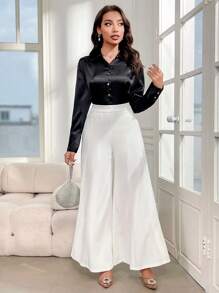 Modelyn Women's Solid Color Simple Wide Leg Pants, Casual Everyday Wear - White - View 6