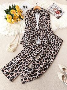 SHEIN Clasi Plus Size Leopard Print Shawl Neck Jacket And Pants Set, Autumn - Multicolor - View 1
