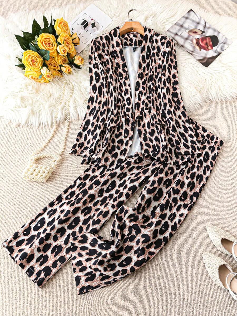 SHEIN Clasi Plus Size Leopard Print Shawl Neck Jacket And Pants Set, Autumn - Multicolor - View 1