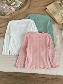 SHEIN LMoss Kids LMoss Young Girl 3 cái/bộ Áo phông cơ bản họa tiết hoa 3D cho bé gái và bé gái, Trang phục thường ngày mùa thu cho bé gái - Nhiều màu - Xem 5