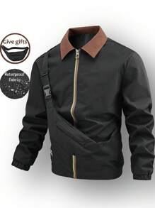 Manfinity Homme Men's Contrast Color Lapel Patchwork Zip Up Jacket, Autumn/Winter - Black - View 3