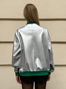 SHEIN Essnce 女士休闲时尚现代撞色边饰拉链口袋银色 PU 夹克带口袋棒球服飞行员夹克银色 PU 女式外套冬季拼接长袖反光棒球服圆领皮夹克女士秋季女装 - 彩色 - 查看 6