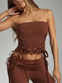 Denimoi Top bandeau de unicolor con cinta para atar para mujer, verano