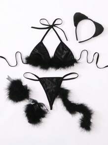 ROMWE 6packs Fluffy Thong Rabbit Sexy Costume Lingerie - Black - View 1