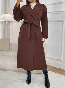 Mulvari 大码女式纯色翻领长袖双排扣长款休闲风衣，春秋季 - 摩卡棕 - 查看 4