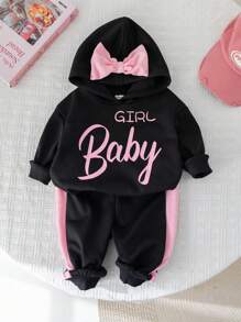 SHEIN 2 件装女婴可爱字母图案拼色连帽运动衫和松紧腰裤套装，秋冬装 - 黑色 - 查看 9