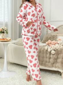 女士羊毛心形前拉链连帽衫和裤子睡衣套装 - 彩色 - 查看 3