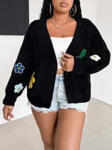 Maweii Plus Size Floral Applique Casual Long Sleeve Fuzzy Cardigan - Black - View 5