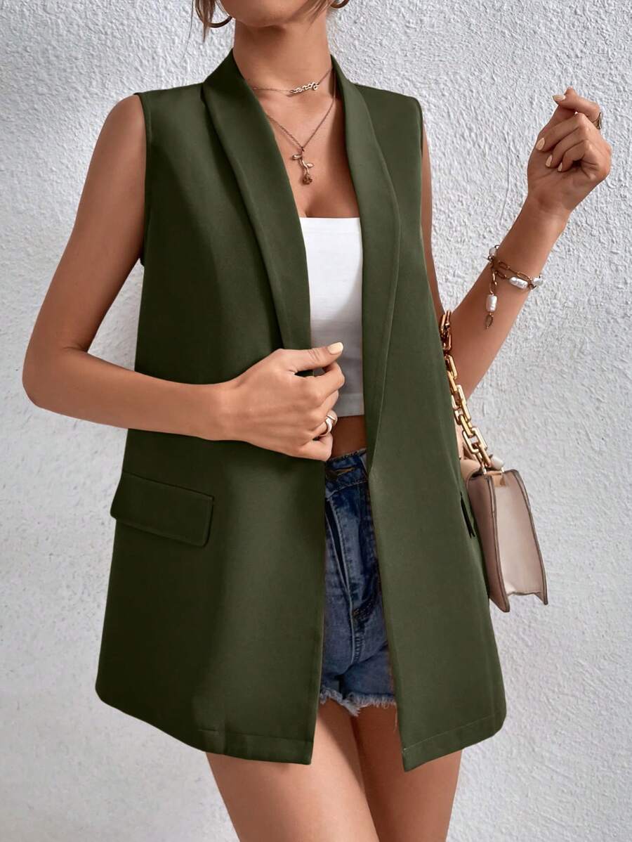 Chiquease Women's Casual Shawl Neck Front Open Suit Vest - Army Green - View 1