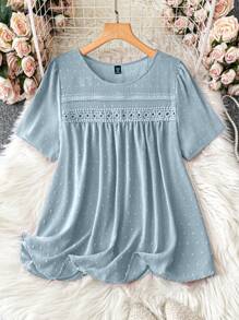 SHEIN LUNE Plus Size Solid Color Crew Neck Short Sleeve Casual Jacquard Shirt