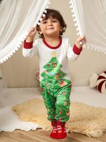 SHEIN 2 pezzi/set Completi natalizi per bambini maschi - Maglietta a manica lunga con collo tondo casual e pantaloni della tuta con stampa albero di Natale, morbidi e comodi per autunno/inverno
