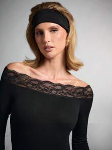 SHEIN BAE 女士黑色蕾丝拼接性感露肩长袖修身紧身衣，优雅装扮，适合约会、聚会、外出、万圣节派对、舒适春秋 - 黑色 - 查看 6