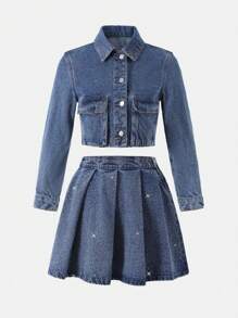 SHEIN Tween Girls Washed Denim Jacket And A-Line Rhinestone Denim Mini Skirt Outfit, Casual And Versatile For Everyday Wear - Blue - View 3