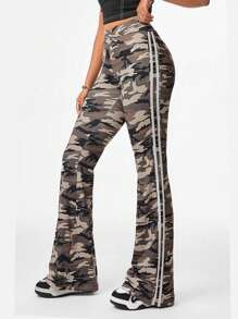 SHEIN EZwear Coolane 女式街头运动休闲迷彩印花弹力编织带纹理装饰舒适黑色喇叭裤 - 彩色 - 查看 3