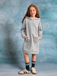 SHEIN Explorewe Tween Girl Casual Versatile Hooded Midi Solid Color Pocket Sweatshirt Dress - Grey - View 1
