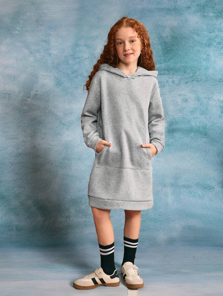 SHEIN Explorewe Tween Girl Casual Versatile Hooded Midi Solid Color Pocket Sweatshirt Dress - Grey - View 1