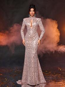 SHEIN Belle Elegant And Gorgeous Champagne Color Bright Sequins High Collar Chest Water Drop Hollow Long Sleeve Fishtail Type Gathered Hem Trailing Party Dinner Formal Evening Dress, Prom Gown, For Wedding Guest, Graduation