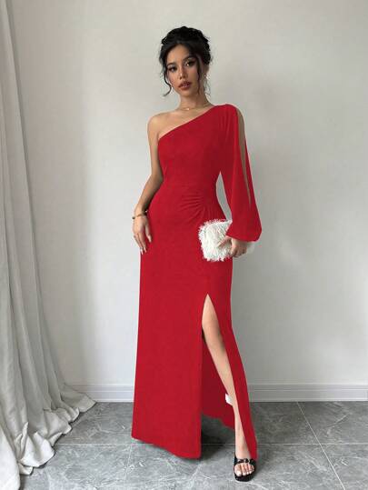 Rafferiza Vestido de manga larga con abertura asimétrica en el cuello y corte en la Bottom, de unicolor, para usar en Año Nuevo