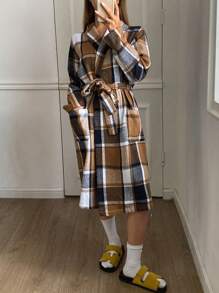 DAZY 女士格子印花翻领宽松长袖睡袍，春秋季睡衣 - 棕色 - 查看 1