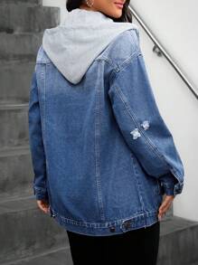 SHEIN Essnce Hooded Contrast Trim Button Up Distressed Casual Long Sleeve Denim Jacket - Medium Wash - View 2