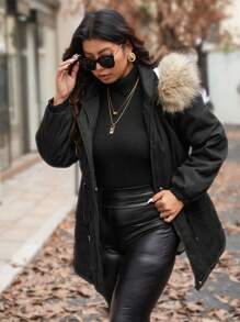 Calvaya 大码纯色前拉链长袖简约毛茸茸装饰连帽派克加厚外套，女士冬季服装 - 黑色 - 查看 4