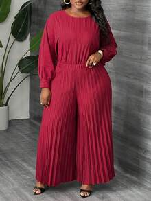 Slaydiva Ensemble 2 pièces vert casual et ample pour femmes grandes tailles avec col rond et manches plissées - C - Rouge foncé - Voir 7