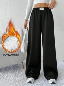 SHEIN EZwear Spodnie dresowe damskie Plus Size z elastyczną talią i szerokimi nogawkami, czarne - Czarne - Zobacz 4