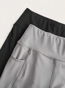 SHEIN EZwear 2件套瑜伽裤收腹高腰跑步紧身裤带口袋 - 彩色 - 查看 6