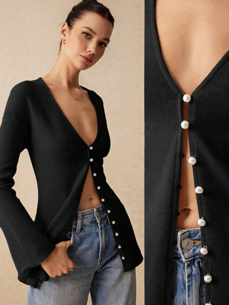 Poéselle 珍珠前扣 V 领腰线“新面貌”喇叭袖开衫，春秋装，秋装，女装，休闲女装，女装，纯色，纽扣 - 黑色 - 查看 1