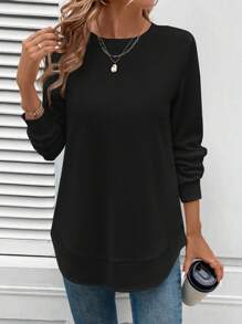 SHEIN LUNE 女士基本款华夫格纹理圆领不对称下摆休闲舒适运动衫、长袖上衣毕业、返校服装、毕业、女士教师服装、秋冬返校 - 黑色 - 查看 5