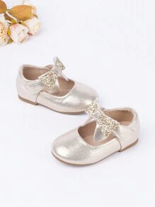 1 双女婴金属蝴蝶结钩环平底鞋，全年百搭 - 金色 - 查看 4