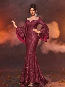 Glamrae Vestido de Festa Longo para Convidados de Casamento, Formatura, com Mangas Exageradas Flare, Gola Barco, Bainha em Cauda de Sereia, Bordô Elegante e Luxuoso, Brilho Exagerado - Vinho - Visão 6