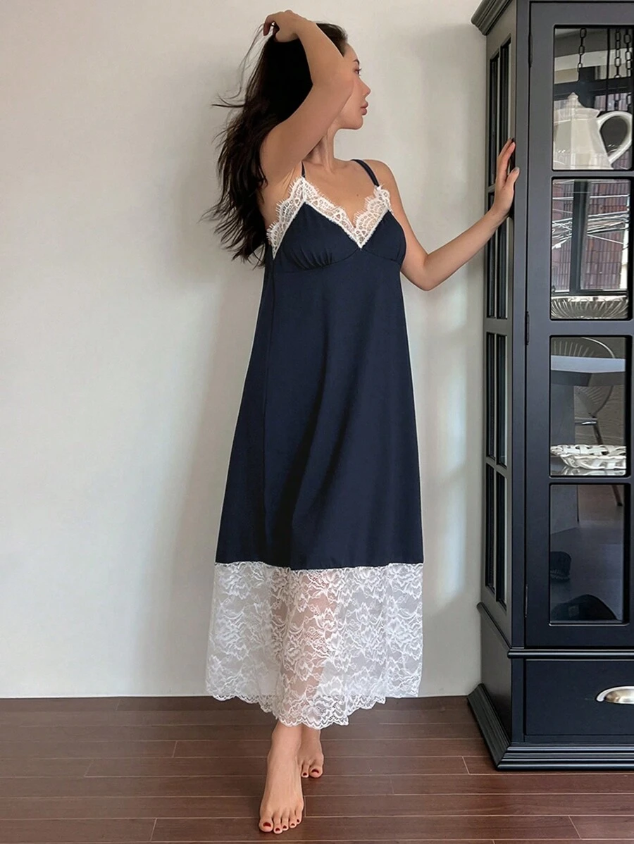 DAZY Váy suông satin và ren thanh lịch dành cho nữ - Xanh đậm - Xem 1