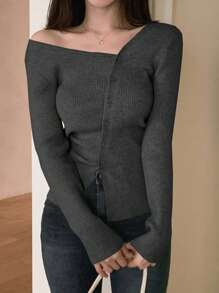 DAZY Women's Solid Color Asymmetrical Neck Fitted Elegant Sweater,Fall Clothes