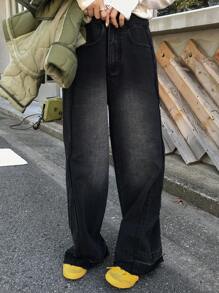 FRIFUL Jeans de mujer rectos y relajados de pierna ancha, lavados, para otoño, pantalones vaqueros holgados - Negro - Ver 7