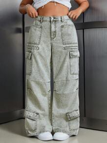 SHEIN ICON Plus Size Washed Wide-Leg Cargo Denim Boyfriend Jeans - Green - View 5