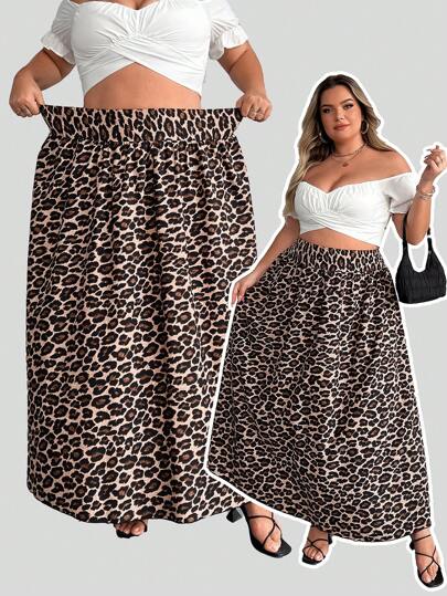 SHEIN CURVE+ 大码女式豹纹松紧腰半身裙