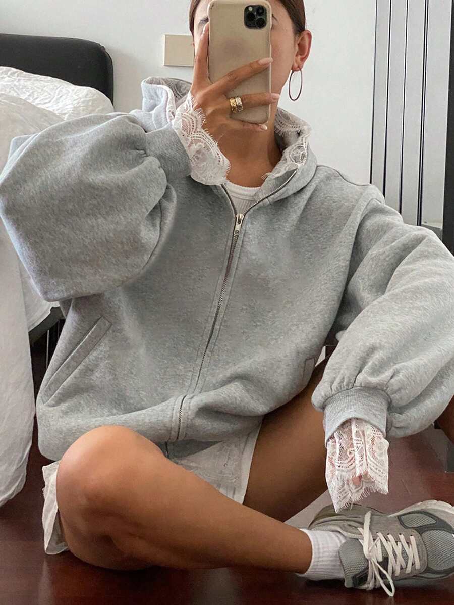 DAZY Women's Bowknot Lace Print Oversized Sweatshirt Zip Up Jacket - Grey - View 1