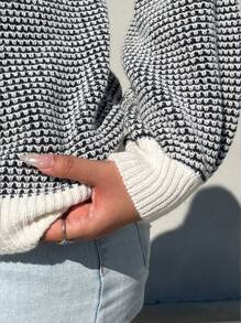 Flirla Plus Size Fashionable Design Loose Fit Long Sleeve Casual Colorblock Pullover Sweater Knit Pullover Fall Winter - Black and White - View 7