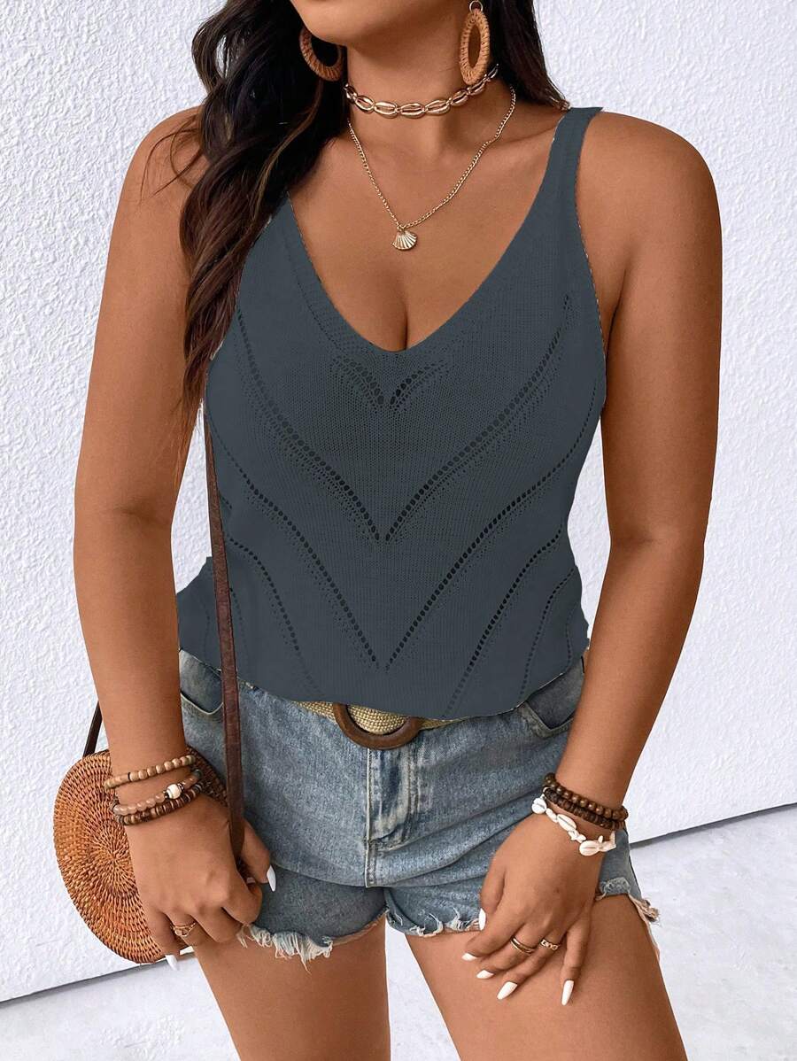 SHEIN LUNE Plus Size Women's Spring Autumn Solid Color Hollow Out Casual Sweater Vest - Grey - View 1
