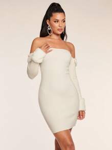 Glamine Women Off-Shoulder Fluffy Splice Long Sleeve Sweater Dress Date Night Night Out Off White Autumn Sexy - White - View 1