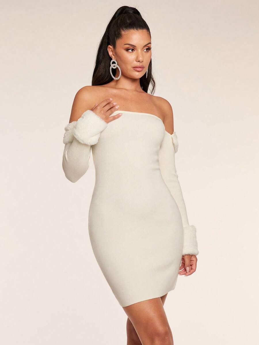 Glamine Women Off-Shoulder Fluffy Splice Long Sleeve Sweater Dress Date Night Night Out Off White Autumn Sexy - White - View 1